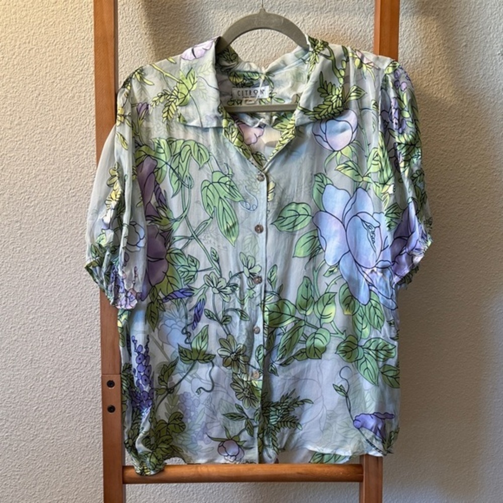 NWT Citron, Santa Monica silk blend burn out button down floral butterfly top